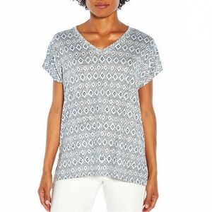 Orvis Blue White Ikat Geometric Design V Neck Tunic Top Ladies XXL